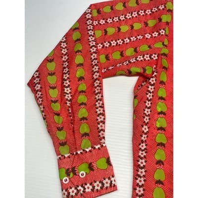 Vintage 70s Apple Flower Print Shirt Nylon Mod Novelty Band Collar Red Orange L - Thumbnail 6