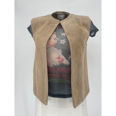 Vintage Suede Vest Beige Tan Minimalist Leather Open Front 90s Size 8 Women's - Thumbnail 2