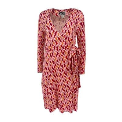 Vintage DVF Silk Wrap Dress Pink Orange Ikat Quatrefoil Print worn on Buffy sz 4 - Thumbnail 2
