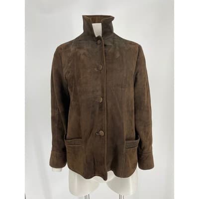 Womens Vintage Brown Suede Leather Jacket Zip Out Lining 70s M Button Up Blazer - Thumbnail 3