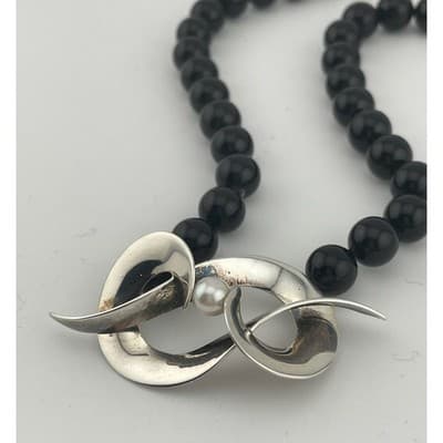 Vintage modernist sterling and onyx bead necklace w/ pearl accent artisan 80s - Thumbnail 7