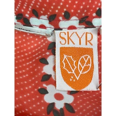 Vintage 70s Apple Flower Print Shirt Nylon Mod Novelty Band Collar Red Orange L - Thumbnail 8