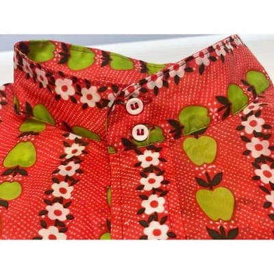 Vintage 70s Apple Flower Print Shirt Nylon Mod Novelty Band Collar Red Orange L - Thumbnail 5