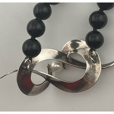 Vintage modernist sterling and onyx bead necklace w/ pearl accent artisan 80s - Thumbnail 6