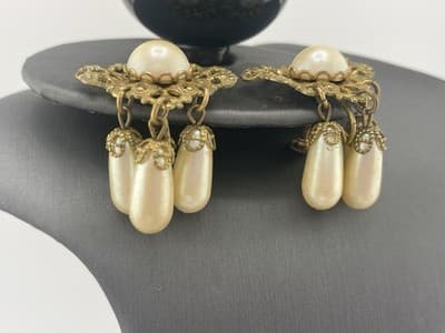 Miriam Haskell Pearl Earrings VTG Clip Russian Gold Tone Dangle Drop Clip Screw - Thumbnail 13