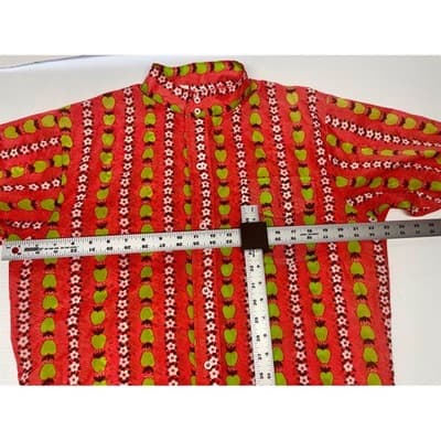 Vintage 70s Apple Flower Print Shirt Nylon Mod Novelty Band Collar Red Orange L - Thumbnail 13