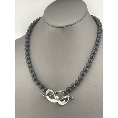 Vintage modernist sterling and onyx bead necklace w/ pearl accent artisan 80s - Thumbnail 3