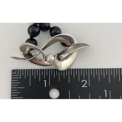 Vintage modernist sterling and onyx bead necklace w/ pearl accent artisan 80s - Thumbnail 16