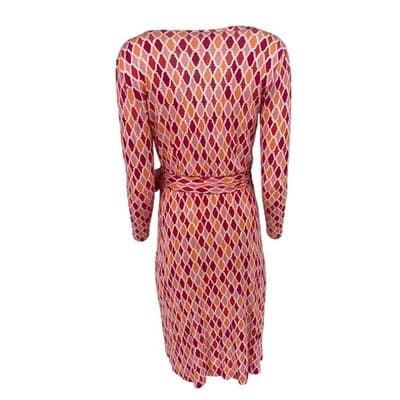 Vintage DVF Silk Wrap Dress Pink Orange Ikat Quatrefoil Print worn on Buffy sz 4 - Thumbnail 5