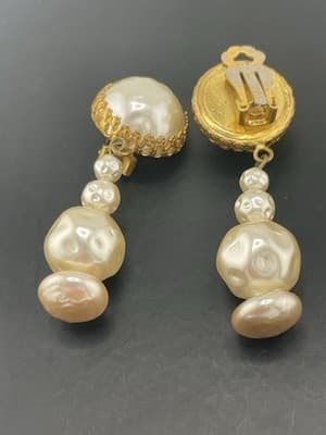 Miriam Haskell Earrings Faux Baroque Pearl Drop Dangle Clip On Russian Gold VTG - Thumbnail 9