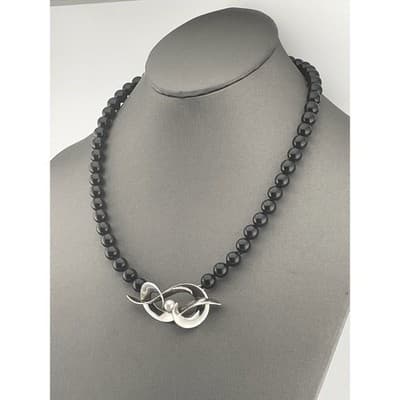Vintage modernist sterling and onyx bead necklace w/ pearl accent artisan 80s - Thumbnail 2