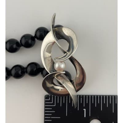 Vintage modernist sterling and onyx bead necklace w/ pearl accent artisan 80s - Thumbnail 17