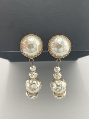 Miriam Haskell Earrings Faux Baroque Pearl Drop Dangle Clip On Russian Gold VTG - Thumbnail 2