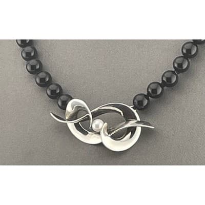Vintage modernist sterling and onyx bead necklace w/ pearl accent artisan 80s - Thumbnail 4