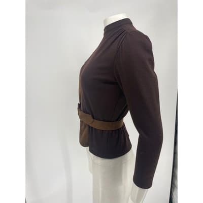Vintage Brown Suede Wool Belted Peplum Top Blouse Womens S 70s 80s belt AS IS - Thumbnail 2