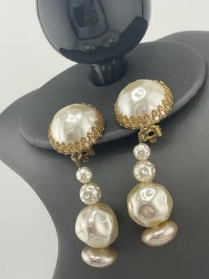 Miriam Haskell Earrings Faux Baroque Pearl Drop Dangle Clip On Russian Gold VTG - Thumbnail 5