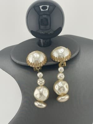 Miriam Haskell Earrings Faux Baroque Pearl Drop Dangle Clip On Russian Gold VTG - Thumbnail 3