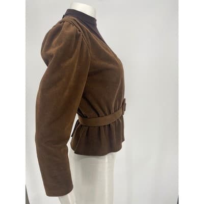 Vintage Brown Suede Wool Belted Peplum Top Blouse Womens S 70s 80s belt AS IS - Thumbnail 3
