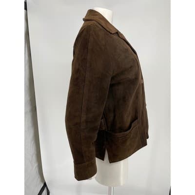 Womens Vintage Brown Suede Leather Jacket Zip Out Lining 70s M Button Up Blazer - Thumbnail 4