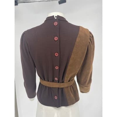 Vintage Brown Suede Wool Belted Peplum Top Blouse Womens S 70s 80s belt AS IS - Thumbnail 4