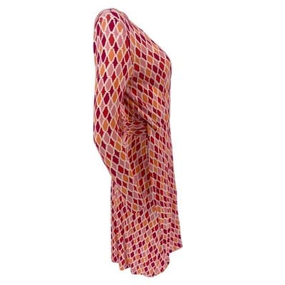 Vintage DVF Silk Wrap Dress Pink Orange Ikat Quatrefoil Print worn on Buffy sz 4 - Thumbnail 4