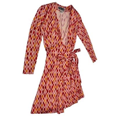 Vintage DVF Silk Wrap Dress Pink Orange Ikat Quatrefoil Print worn on Buffy sz 4 - Thumbnail 10