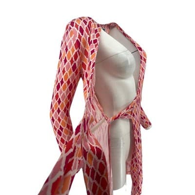 Vintage DVF Silk Wrap Dress Pink Orange Ikat Quatrefoil Print worn on Buffy sz 4 - Thumbnail 7