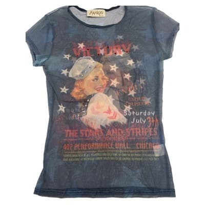 Y2K Sheer Mesh Pinup Graphic Tee Rhinestone Baby Tee USA S M Victory Vintage - Thumbnail 5