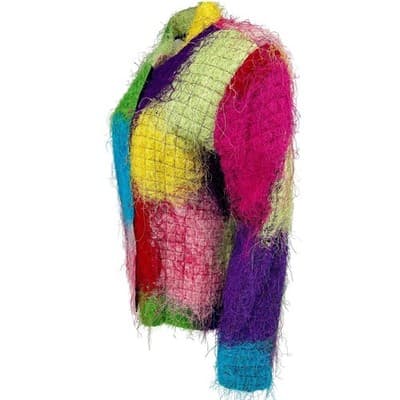 Vintage 90s Florissant NY Rainbow Eyelash Fiber Patchwork Jacket Avant Garde L - Thumbnail 3