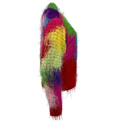 Vintage 90s Florissant NY Rainbow Eyelash Fiber Patchwork Jacket Avant Garde L - Thumbnail 4