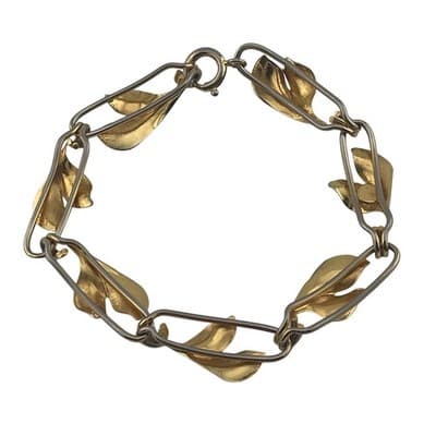Vintage mid century 12k gold filled etched leaf link bracelet 50s 60s - Thumbnail 2