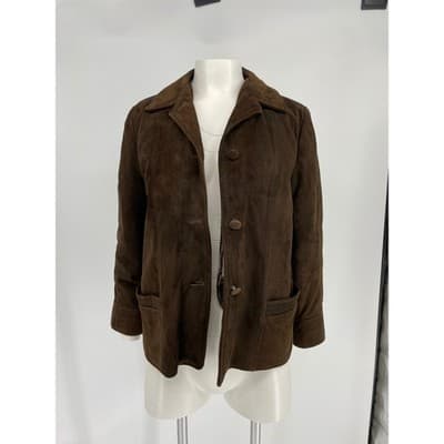 Womens Vintage Brown Suede Leather Jacket Zip Out Lining 70s M Button Up Blazer - Thumbnail 2