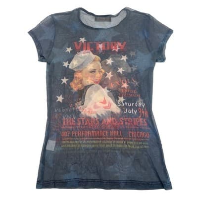 Y2K Sheer Mesh Pinup Graphic Tee Rhinestone Baby Tee USA S M Victory Vintage - Thumbnail 6