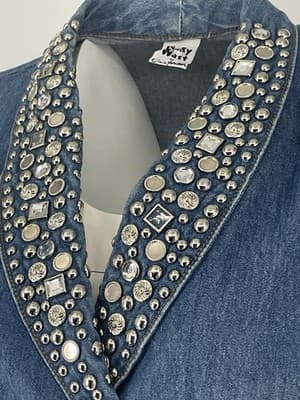 Vintage 80’s Denim Jacket Bling Rhinestones Studs Women Double Breasted Sz S M - Thumbnail 4