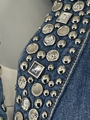 Vintage 80’s Denim Jacket Bling Rhinestones Studs Women Double Breasted Sz S M - Thumbnail 5