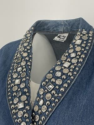 Vintage 80’s Denim Jacket Bling Rhinestones Studs Women Double Breasted Sz S M - Thumbnail 8