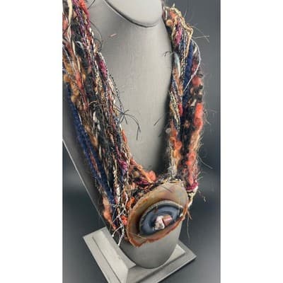 Artisan Agate Slice Necklace Fiber Textile Wearable Art Statement Avant Garde - Thumbnail 2