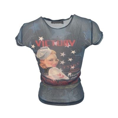 Y2K Sheer Mesh Pinup Graphic Tee Rhinestone Baby Tee USA S M Victory Vintage - Thumbnail 4