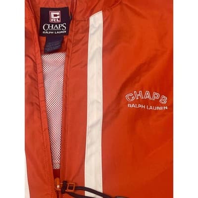 VTG Chaps Ralph Lauren Orange Windbreaker W/Hood Jacket Anorak Mens M Reflective - Thumbnail 2