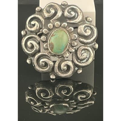 Antique Sterling Silver Turquoise Spiral Brooch Early 1900s Southwest Style - Thumbnail 2