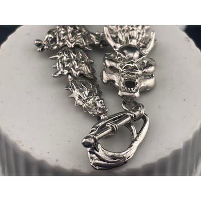 Vintage Brutalist Dragon Bracelet Silver Tone Heavy Textured Toggle Statement - Thumbnail 4