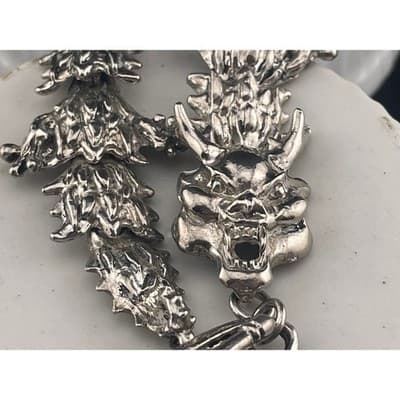 Vintage Brutalist Dragon Bracelet Silver Tone Heavy Textured Toggle Statement - Thumbnail 5