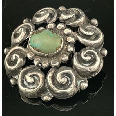 Antique Sterling Silver Turquoise Spiral Brooch Early 1900s Southwest Style - Thumbnail 4