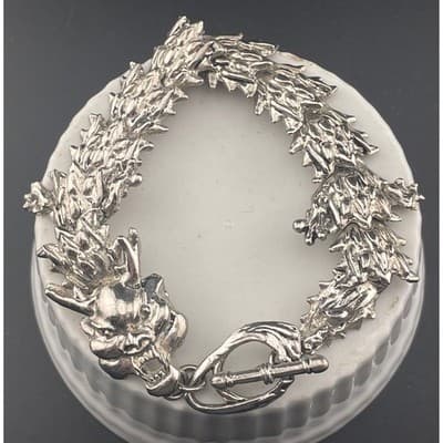 Vintage Brutalist Dragon Bracelet Silver Tone Heavy Textured Toggle Statement - Thumbnail 6