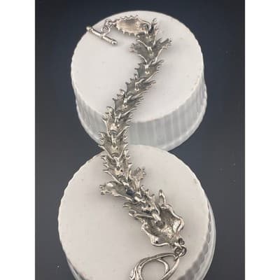 Vintage Brutalist Dragon Bracelet Silver Tone Heavy Textured Toggle Statement - Thumbnail 7