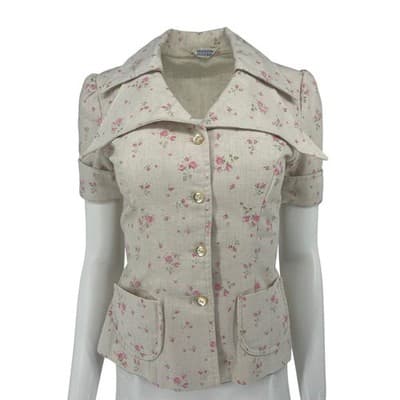 Vintage 70s Floral Safari Shacket Dagger Pointed Collar USA Union Made XS S - Thumbnail 5