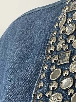 Vintage 80’s Denim Jacket Bling Rhinestones Studs Women Double Breasted Sz S M - Thumbnail 6