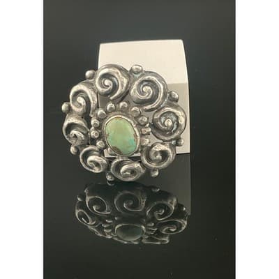 Antique Sterling Silver Turquoise Spiral Brooch Early 1900s Southwest Style - Thumbnail 3