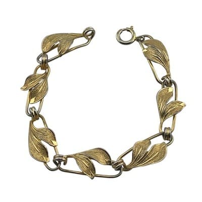 Vintage mid century 12k gold filled etched leaf link bracelet 50s 60s - Thumbnail 3