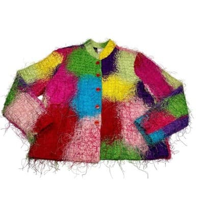 Vintage 90s Florissant NY Rainbow Eyelash Fiber Patchwork Jacket Avant Garde L - Thumbnail 6